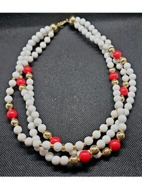 Vintage Monet Triple-Strand Beaded Necklace With Gold-Tone Red & White Accents L